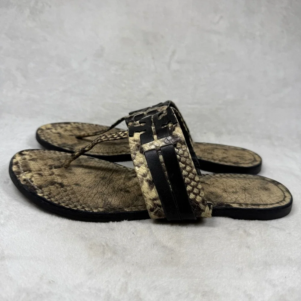 Tory Burch Miller Thong Sandals Snakeskin Print Leather Black Logo 9.5M 8099 C20